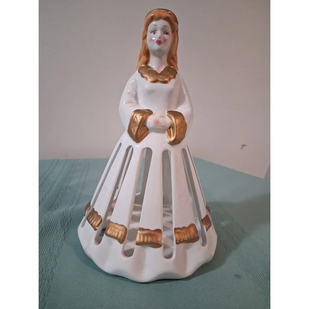 Vintage Ceramic Lady Napkin Holder Figurine White Gold Trim Mid Century Kitsch